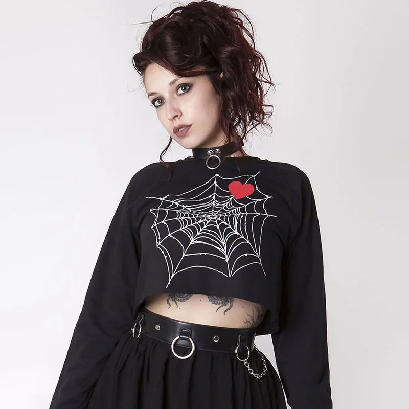 

Gothic Loose Casual Hoodie Lazy Style Spider Web Print Pullover O Neck Blouse Woman Grunge Fairy Core Clothes Emo top Alt Cloth