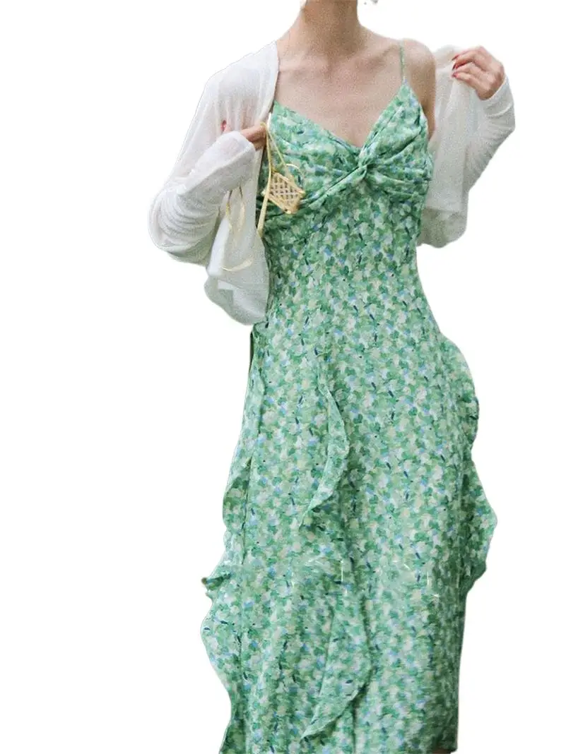 

Женское шифоновое платье с V-образным вырезом, Зеленое Длинное Элегантное приталенное платье с оборками и принтом в стиле девушки-Мори, лето