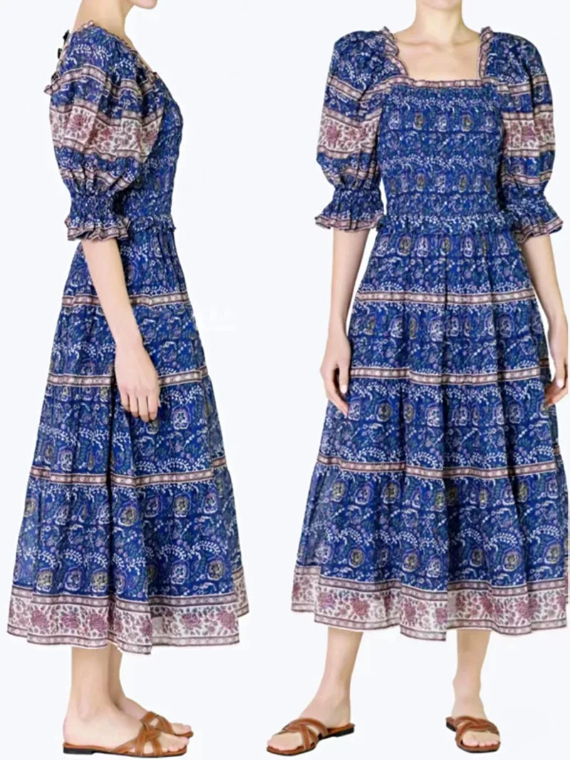 

Women Midi Dress Square Collar Print Puff Sleeve Waist Ruffle Pleated Robes