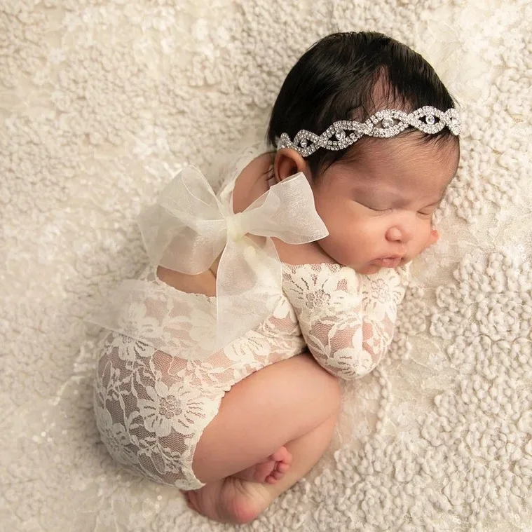 Newborn Lace Photo Clothes Flower Hair Belt Backless Triangle Ha Clothes Two-piece Set Crochet Newborn Outfit  Baby Girl Outfit