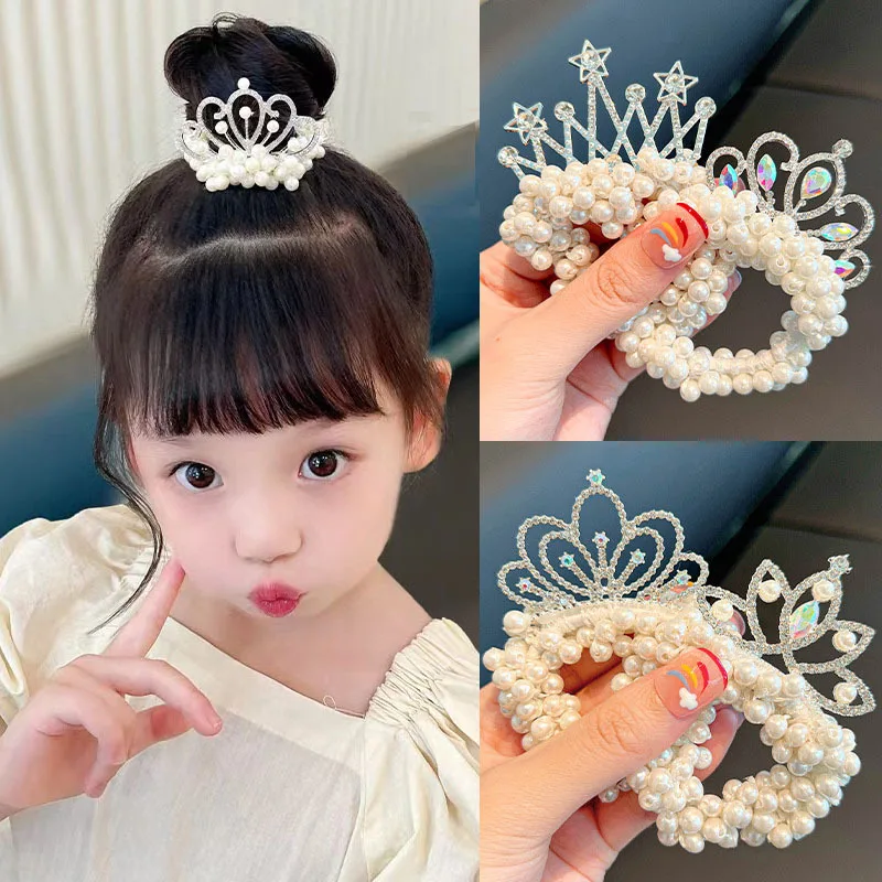 

New Pearl Crown Headband Girls Cute Flower Elastic Hair Bands Hair Accessories Children Cartoon Fashion Hair ties Headwear Gift