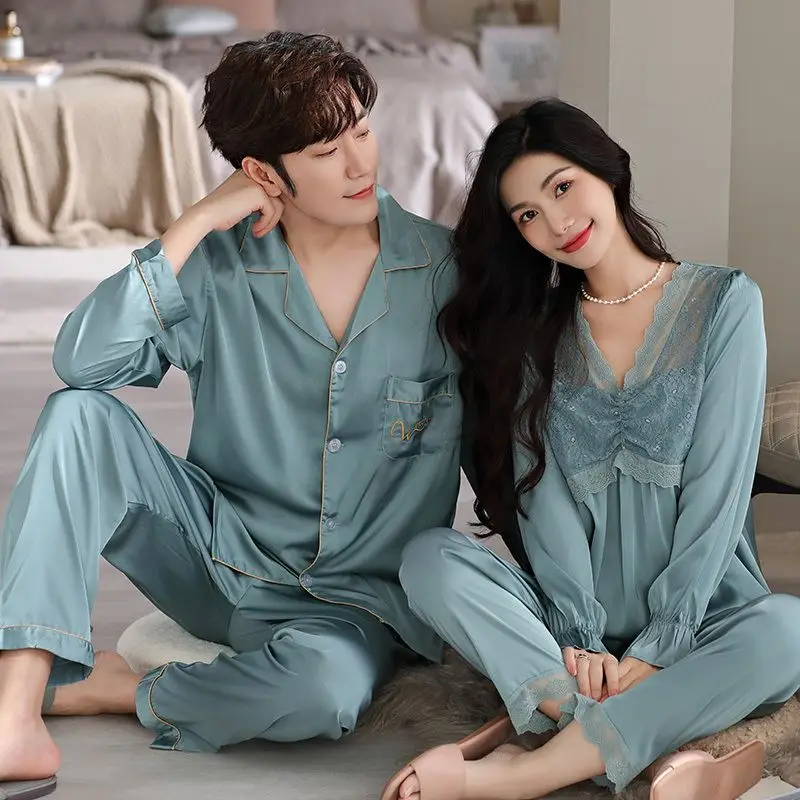 1 Spring and autumn couple pajamas Women's silk long-sleeved summer home wear Men's ice thin large suit