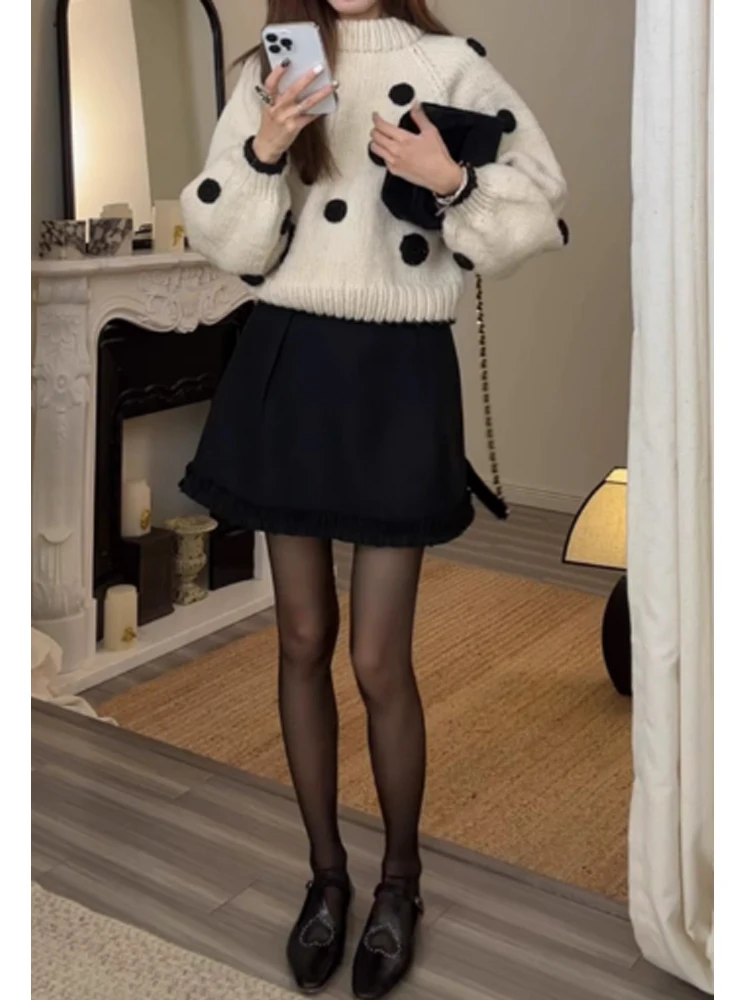 Gentle Wind Soft Glutinous Polka Dot Lantern Sleeve Sweater Women Autumn and Winter Unique Age-Reducing Thickened Knit Loose ...