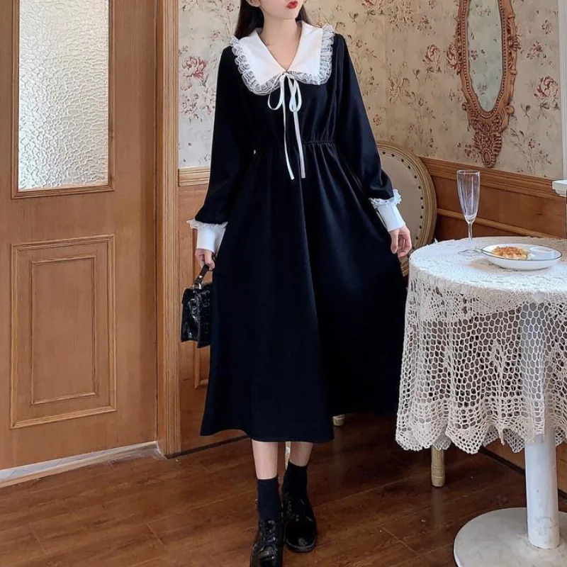 Vintage Dress Women Black Sweet Lace Peter Pan Collar French Elegant Long Sleeve Dress 2021 Preppy Style Spring Autumn