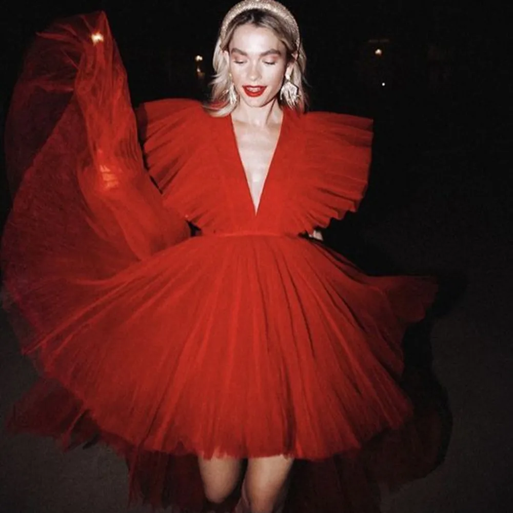

2023 Red A-line Short Tulle Prom Dresses V-neck Short Sleeves High Street Girls Dress To Party Summer Gowns Custom