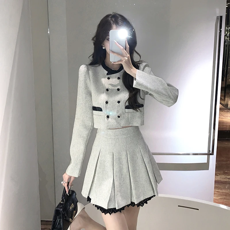 

New Skirt Two Piece Suit Women Double-Breasted Short Jacket Coat+Fashion Lace Trim Pleated Mini Skirt Ladies Autumn Office Set