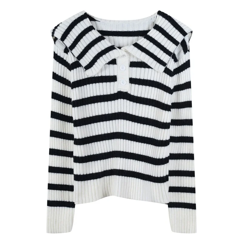 

Women Navy Collar Long Sleeve Loose Casual Pullovers Autumn Winter Fashion Warm Jumpers Black and White Striped Knitted Sweater