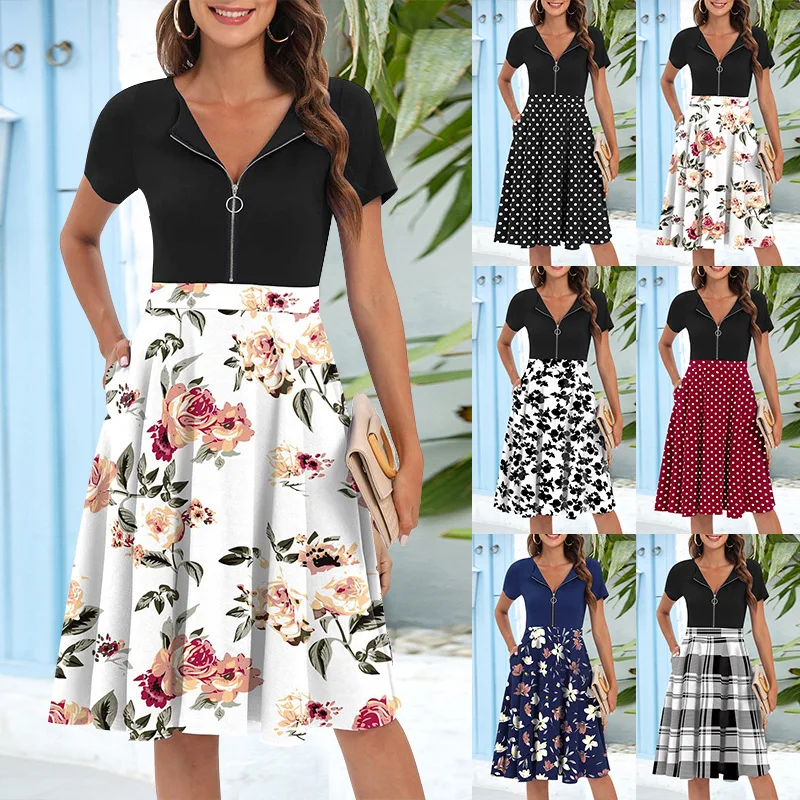 

New Summer Fashion Zipper V Neck Midi Dress Women's Sexy Printed Splicing Short Sleeve Part Temperament Party Dress A-line Skirt