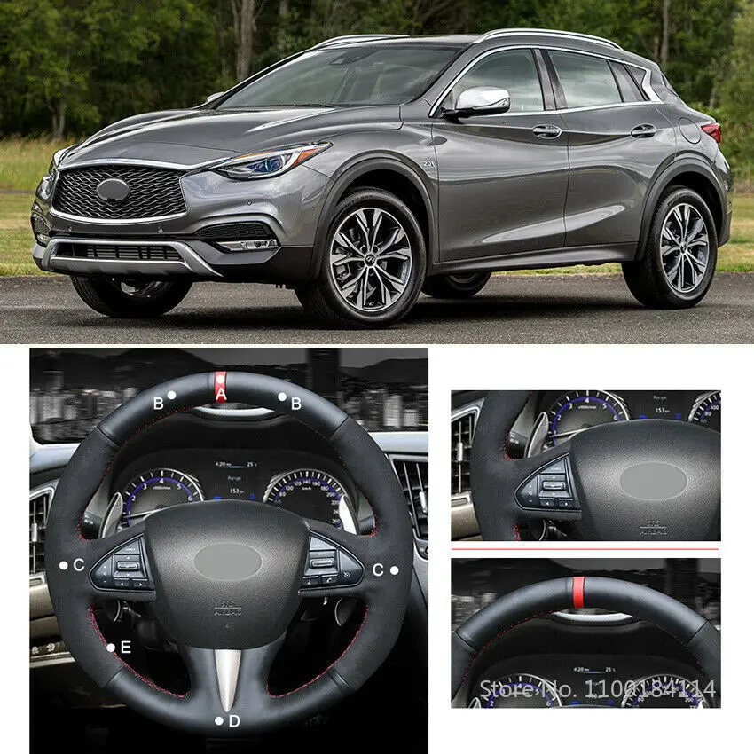 

DIY Hand-stitched Black Leather Car Steering Wheel Cover For Infiniti QX50 Q50