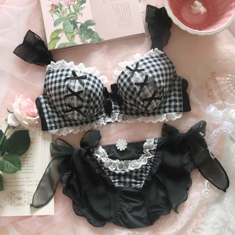 Lolita Underwear Plus Size Lingerie Lace Japanese Sexy Bra And Panty Set Plaid Black Fox Gathered Bra Thong Women's Panties Set