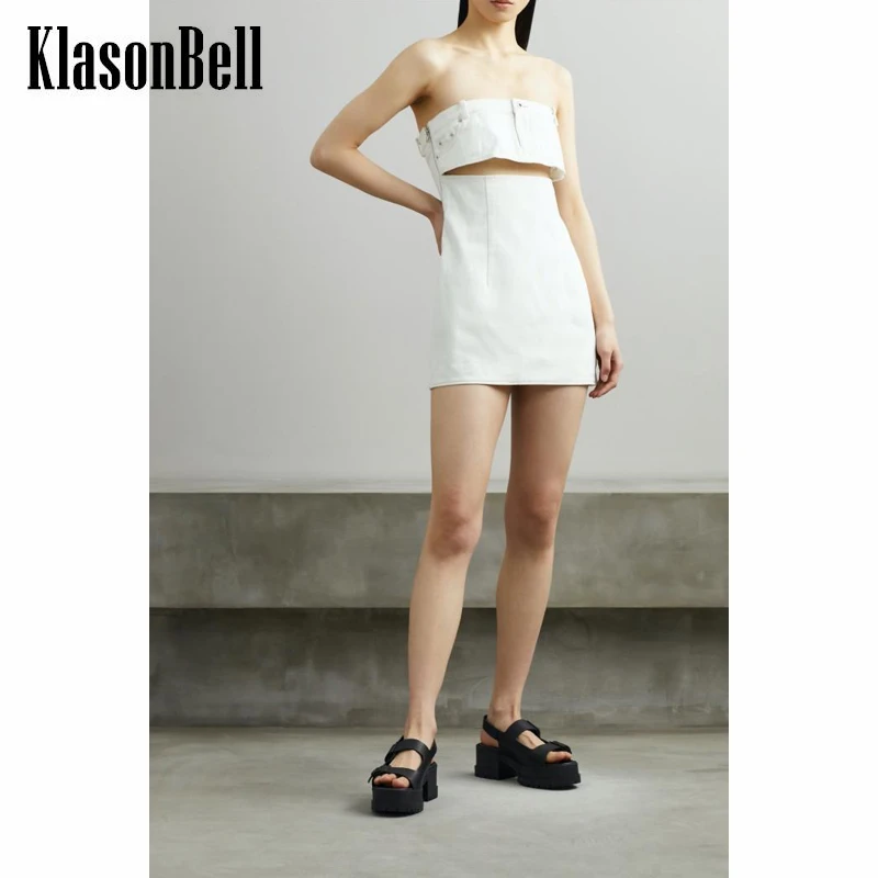 

5.11 KlasonBell Strapless Off Shoulder Hollow Out Slim Denim Mini Dress Women