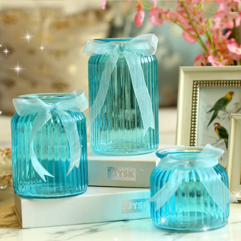 Modern Scandinavian Transparent Glass Vase Pure Blue Purple Stripe Home Decorative Floral Glass Bottle With Ribbon Wedding Decor