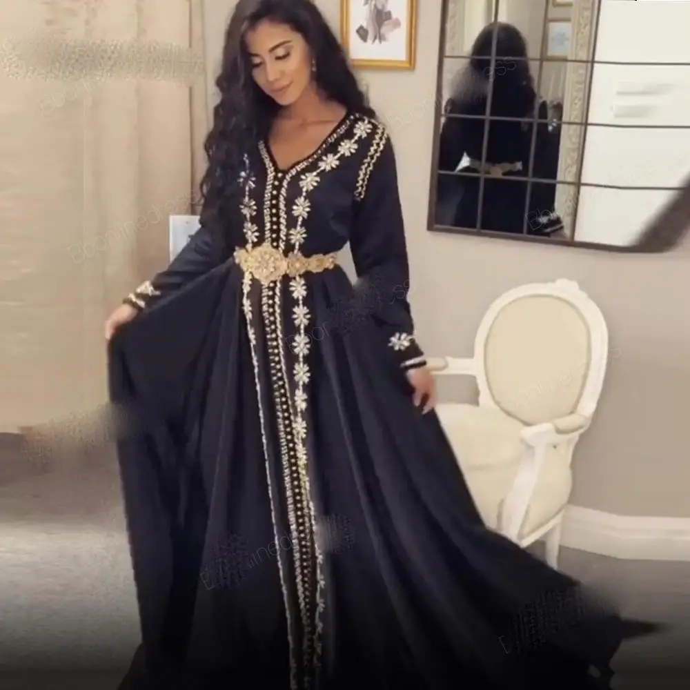 

2023 Moroccan Kaftan Evening Dresses Appliques Long Evening Gowns Muslim Full Sleeve Arabic Party Formal