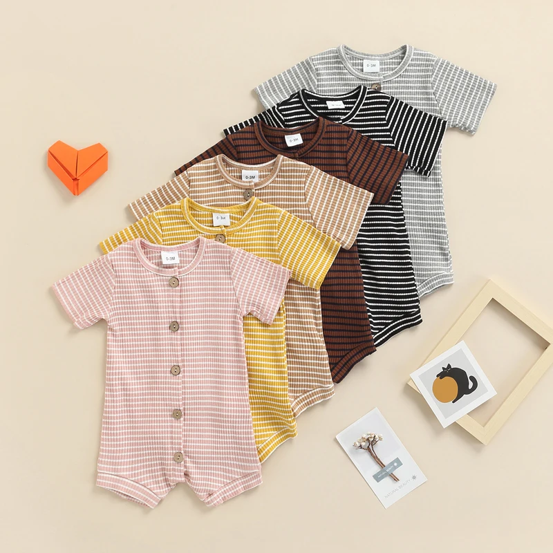 

Newborn Baby Boys Girls Summer Romper with Stripes Printed Clothes Single-Breasted Casual Style Short Sleeve Jumpsuits Clothing