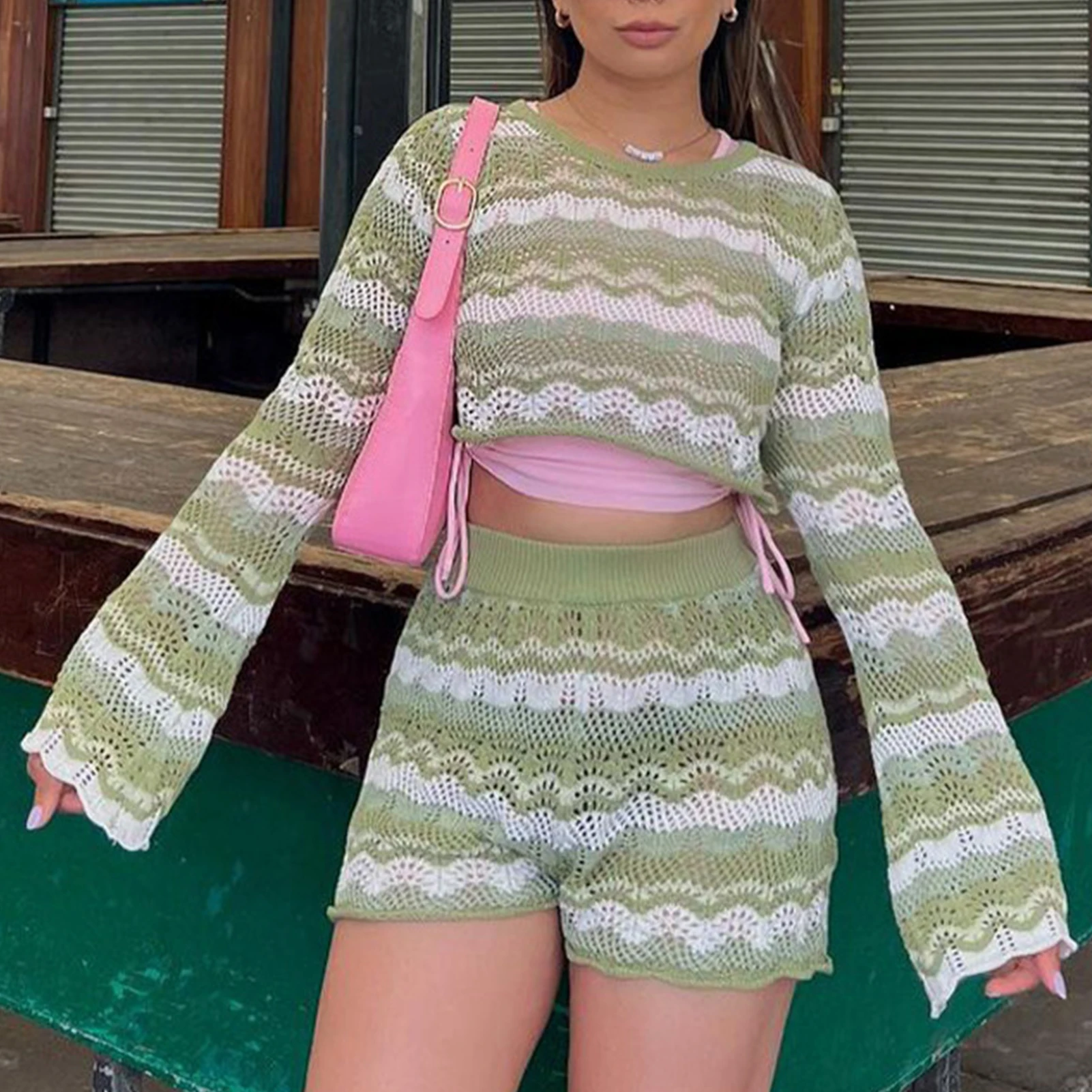 

Women Knitted Hollow 2-piece Sets Fashion Long Sleeve O-Neck Short Top and High Waist Shorts Suit Ladies Casual Slim Street Sets