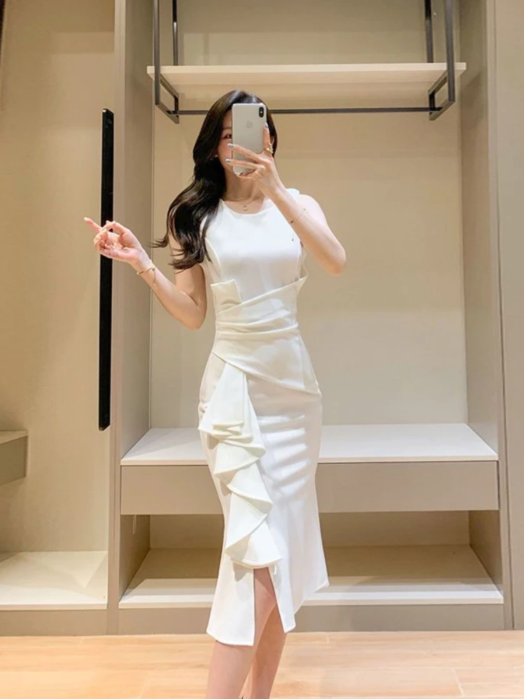 

French Ruffle Pleats Appear Cover The Belly Split Slim Sleeveless Buttocks Midlength White Dress for Women In 2023 Summer Dress