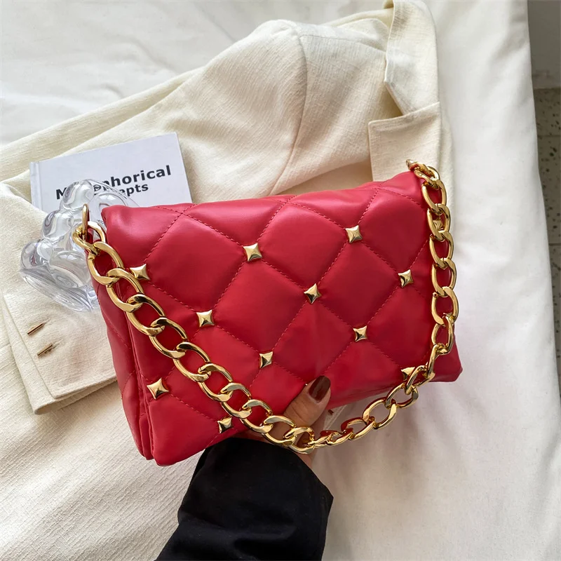 

Trendy Chain Shoulder Bag Fashion Plaid Pu Leather Underarm Bags For Women Rivet Flap Lady Handbags Designer Women's Bag