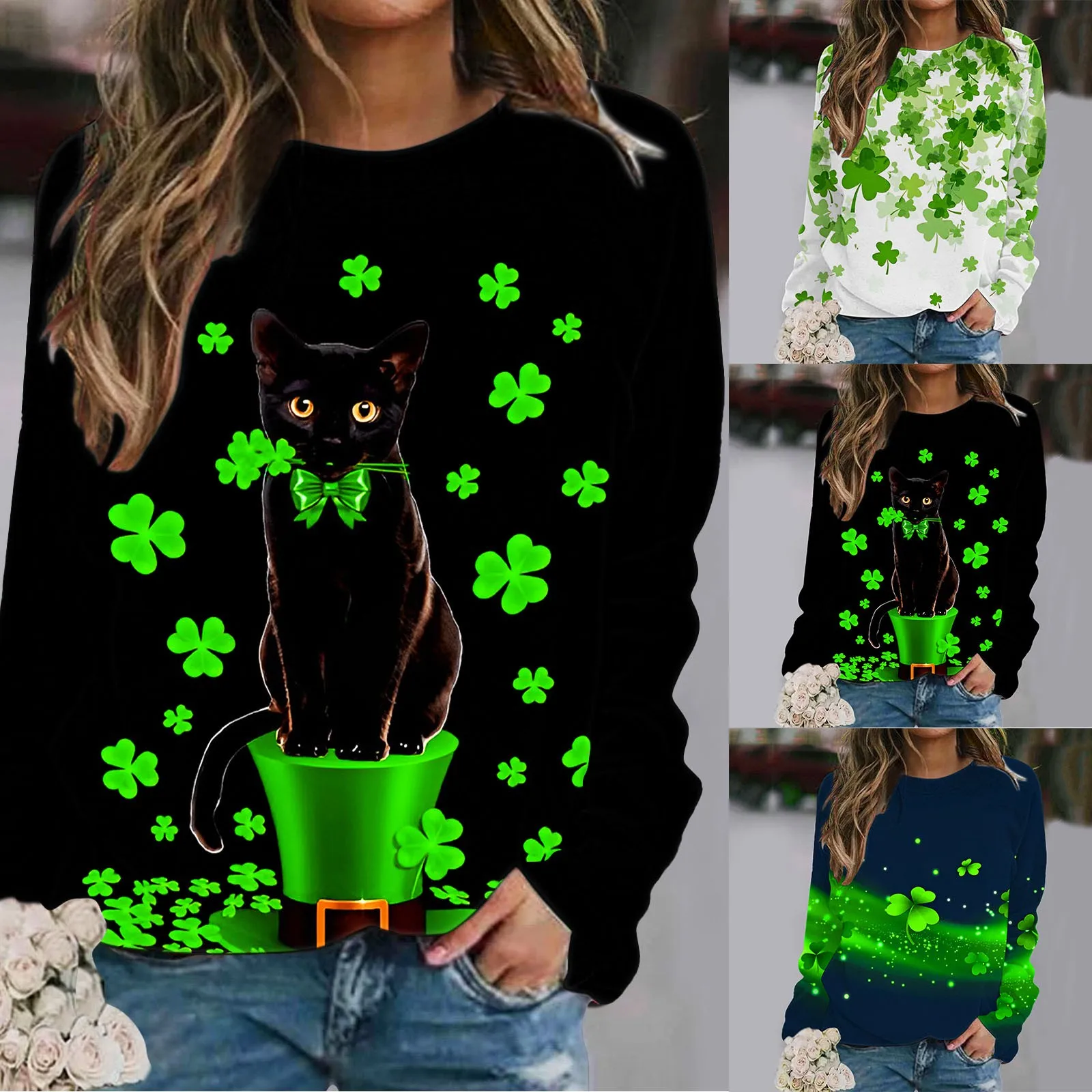 

Clothes Shopping Womens Hoodless Round Neck Sweatshirt Lucky Leaf Long Sleeved Casual Hoodie Fashion Hoodie Women