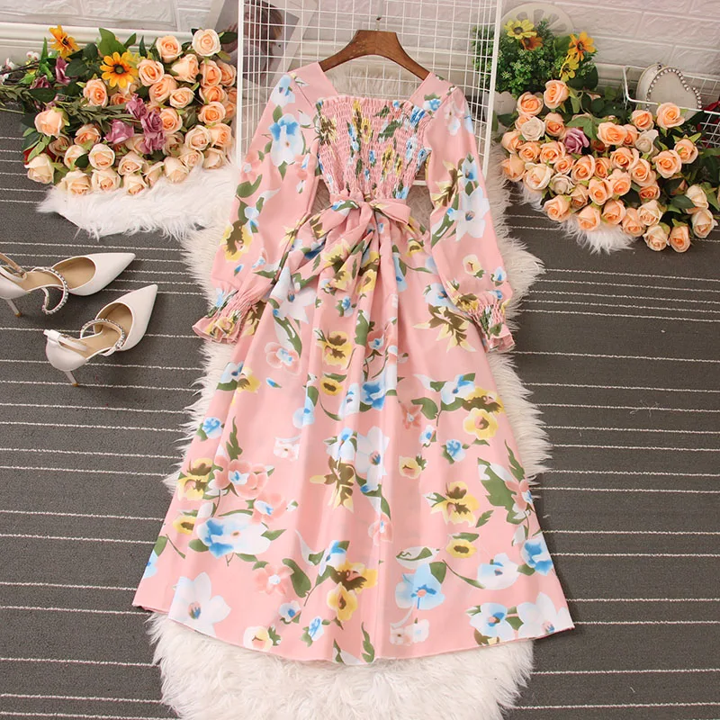 

Vintage Printed Dresses Women Fashion Long Sleeve Square Neck Lace Up A-line Elastic Waist Elegant Swing Long Dresses Women