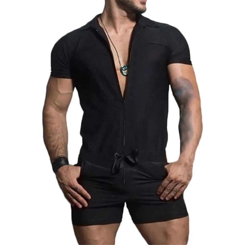 

Men Pajamas Stretch Leotard Male Jumpsuit Tight Playsuit Bodysuit Sexy Zipper Slim Homewear Tie-up Rompers Joggers Casual Shorts