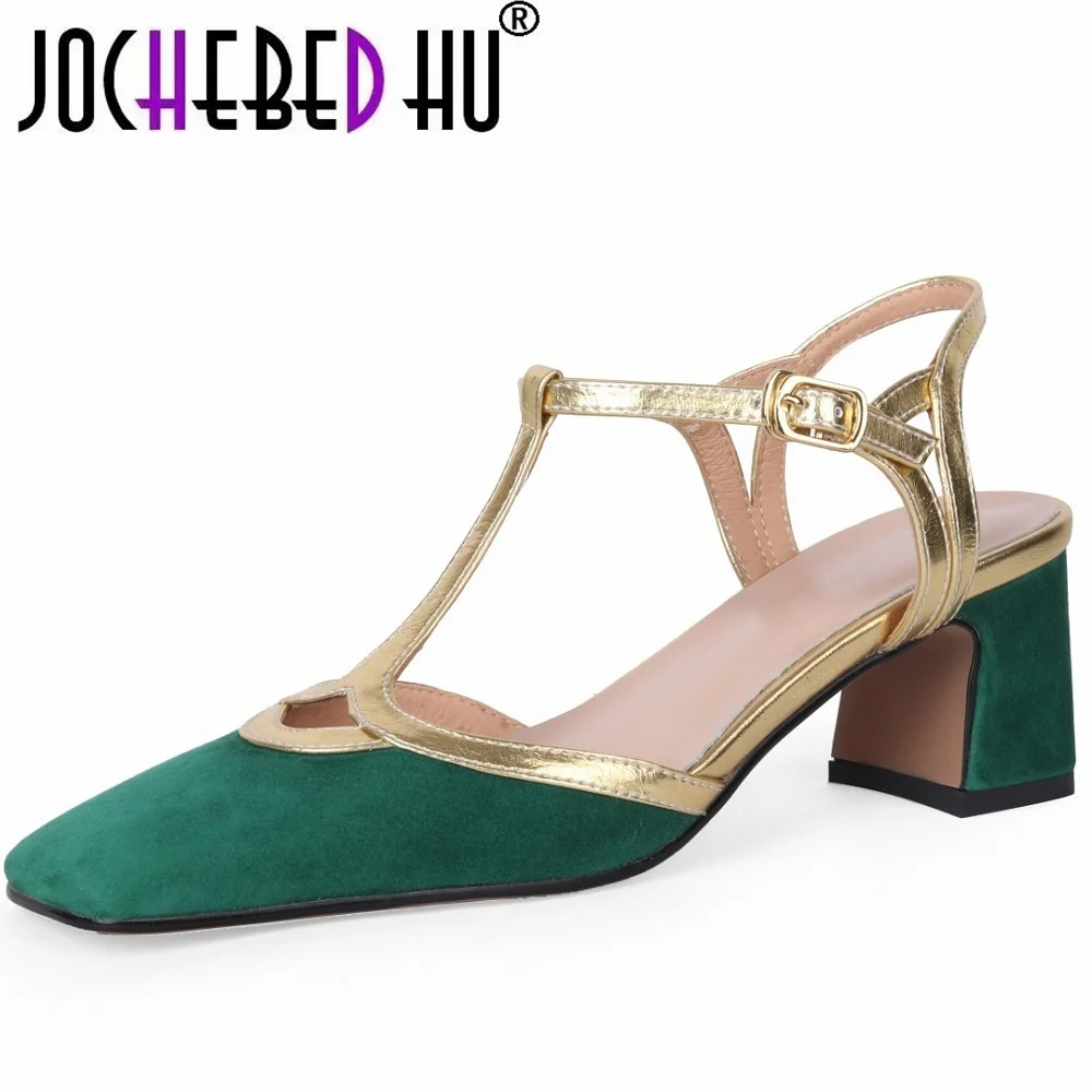 

【JOCHEBED HU】Elegant Women Shoes Summer Gladiator Sandal Genuine Leather Female Square Closed Toe Vintage On Heel Roman Style