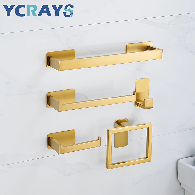 

YCRAYS золотые наборы оборудования для ванны без сверления, держатель для туалетной бумаги, вешалка для полотенец, рельсы, аксессуары для товаров