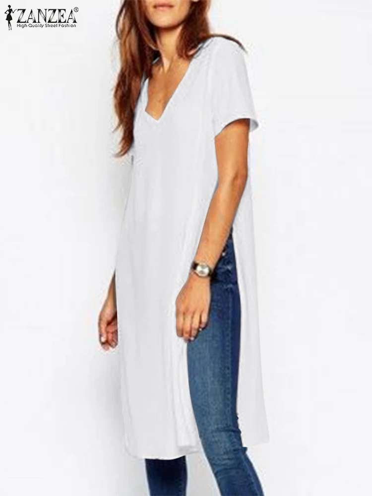 

Fashion High Split Tops Women Summer Blouse ZANZEA Casual Short Sleeve Blusas Female V Neck Tunic Oversized Chemise 7
