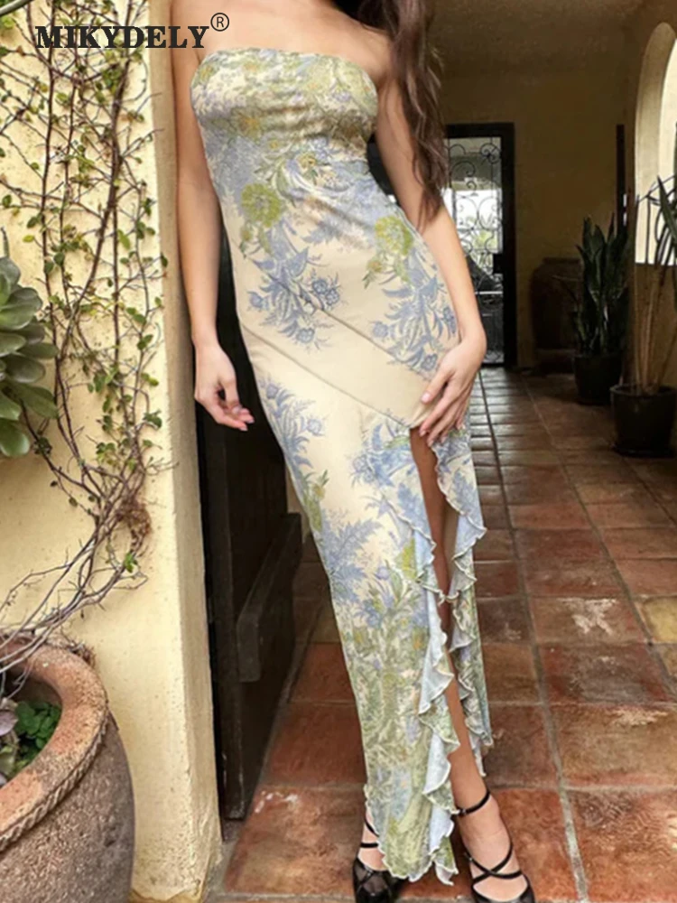 

Mikydely женские платья с принтом длиной до щиколотки, сексуальные женские платья с разрезом, женские длинные платья-трубы с высоким разрезом, летние платья