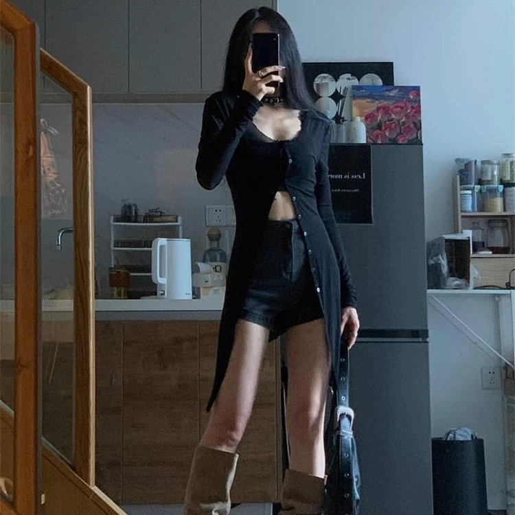 Женский однобортный кардиган средней длины простая сетчатая блузка черного