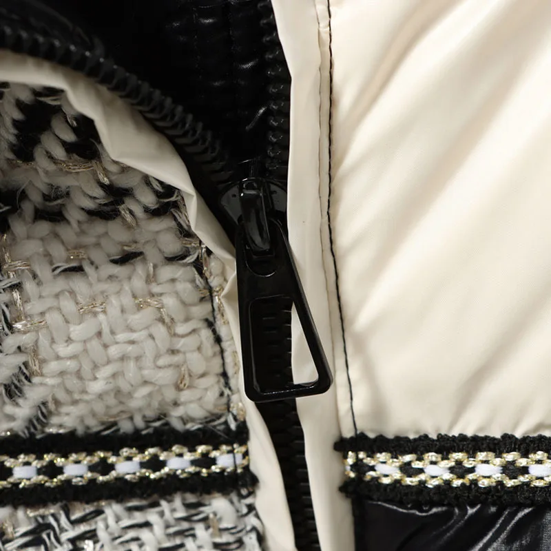 2023 New Winter Puffer Jacket Women High Neck Patchwork Woolen Plaid Knitted Warm Stitching White Duck Down Thermal Bread Coats