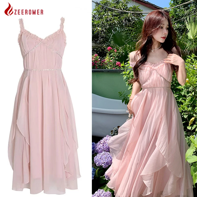 

2022 Summer New French Sweet Pink Sexy Sleeveless Off Shoulder Strap Midi Dress Women Beach Elegant Ruffle Princess Party Dress