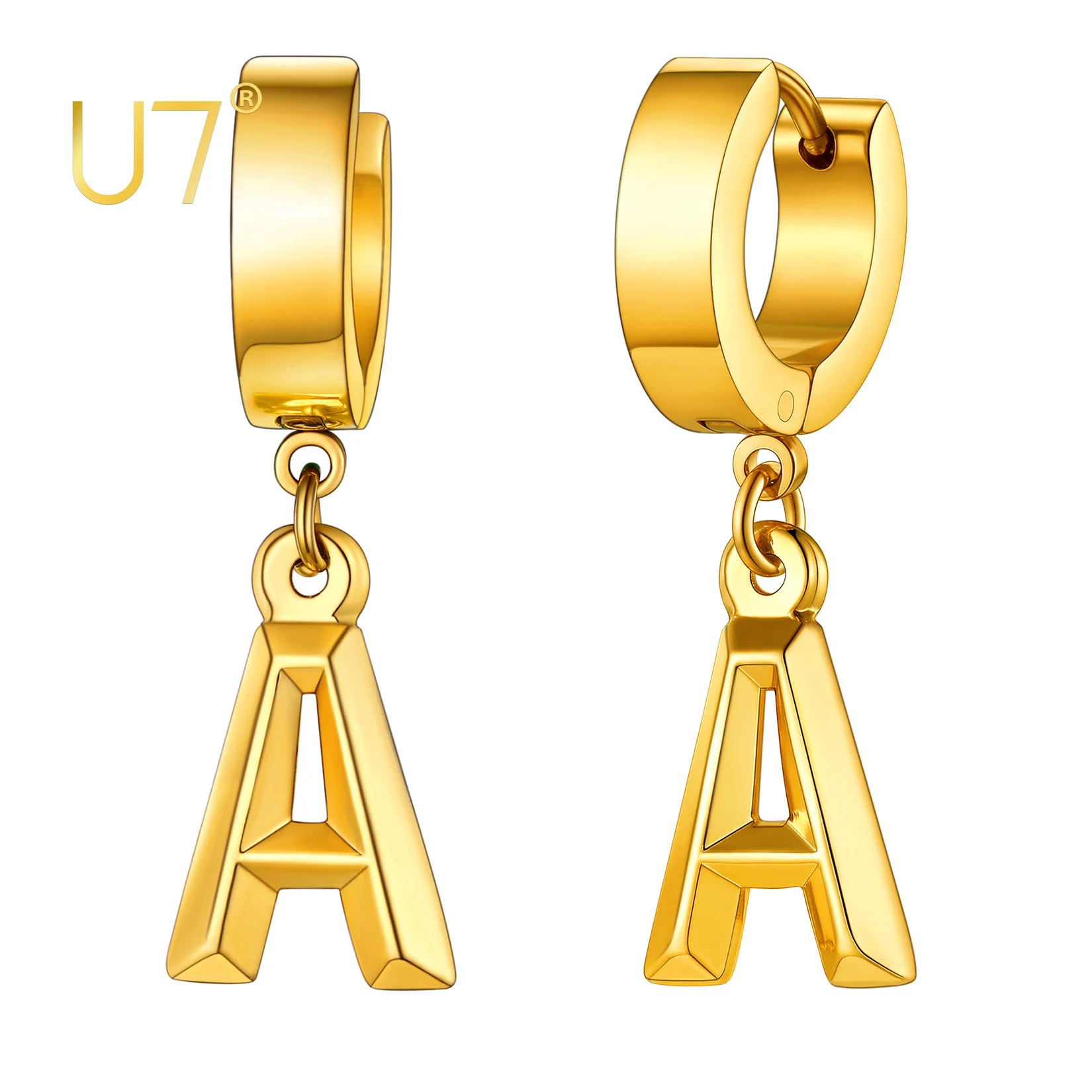 

U7 Ear Cuffs for Women Pierced Ears Stainless Steel Gold Plated Chunky Huggie Hoops with Initial Drop Earrings Letter A to Z