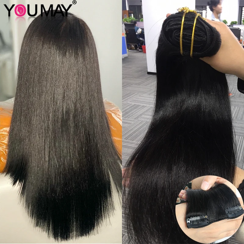 Clip Ins Human Hair Extension Light Yaki Straight Hair Bundles Brazilian Remy Hair Coarse Kinky Clip Ins For Black Women Youmay