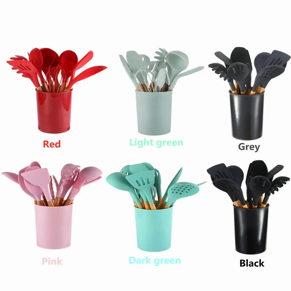 

12Pcs Silicone Kitchen Utensils Set Non-Stick Cookware Wooden Handle Spatula Egg Beaters Kitchenware Kitchen Accessories