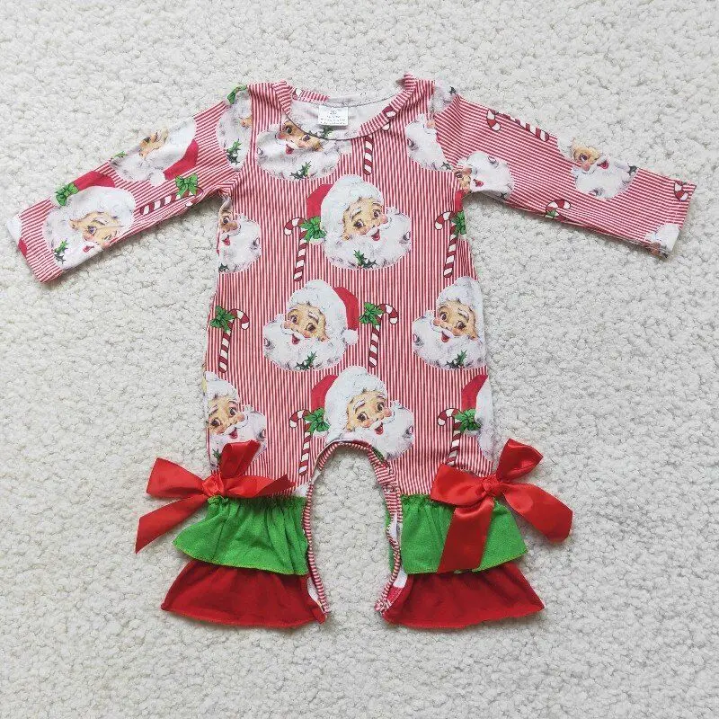 

Christmas girls romper button ruffle design Santa Clause pattern autumn winter 100% cotton leisure baby clothing wholesale