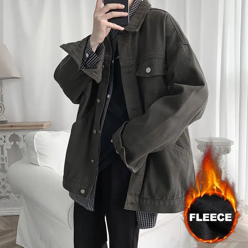 

Модные свободные флисовые мужские джинсовые куртки noestal, теплые уличные комбинезоны, однотонные винтажные мужские повседневные пальто, оде...