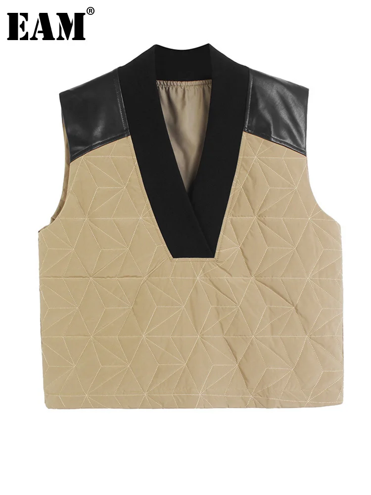 

[EAM] женский жилет свободного покроя цвета хаки с хлопковой подкладкой большого размера, новый модный жилет без рукавов с v-образным вырезом ...