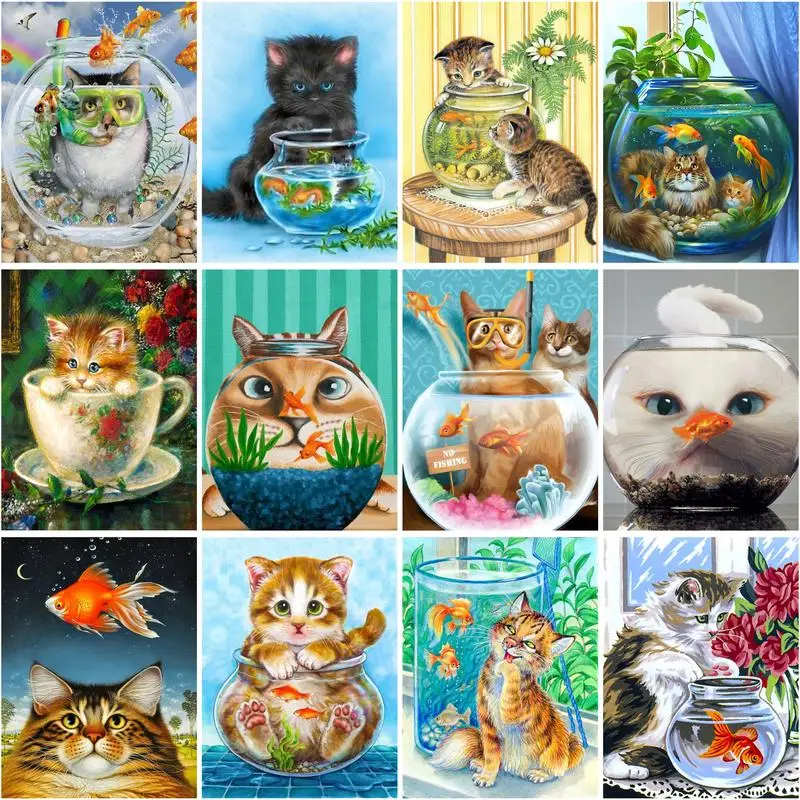 

RUOPOTY Oil Painting By Numbers DIY Picture Drawing Cat And Fish Number Painting Handmade Wall Decor Gift For Adults