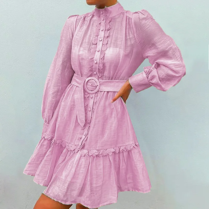 

Solid Candy Color Dress A-line Lace Stitching Lace Women's Dress Folds Ruffled Hem Lantern Sleeve Solid Elegant Dress Ceremony