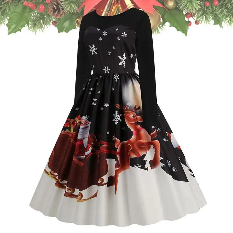 

Womens Christmas Dress Long Sleeve Dress Round Neck Dress Cute Christmas A-line Dress Princess Dresses Swing Cocktail Party