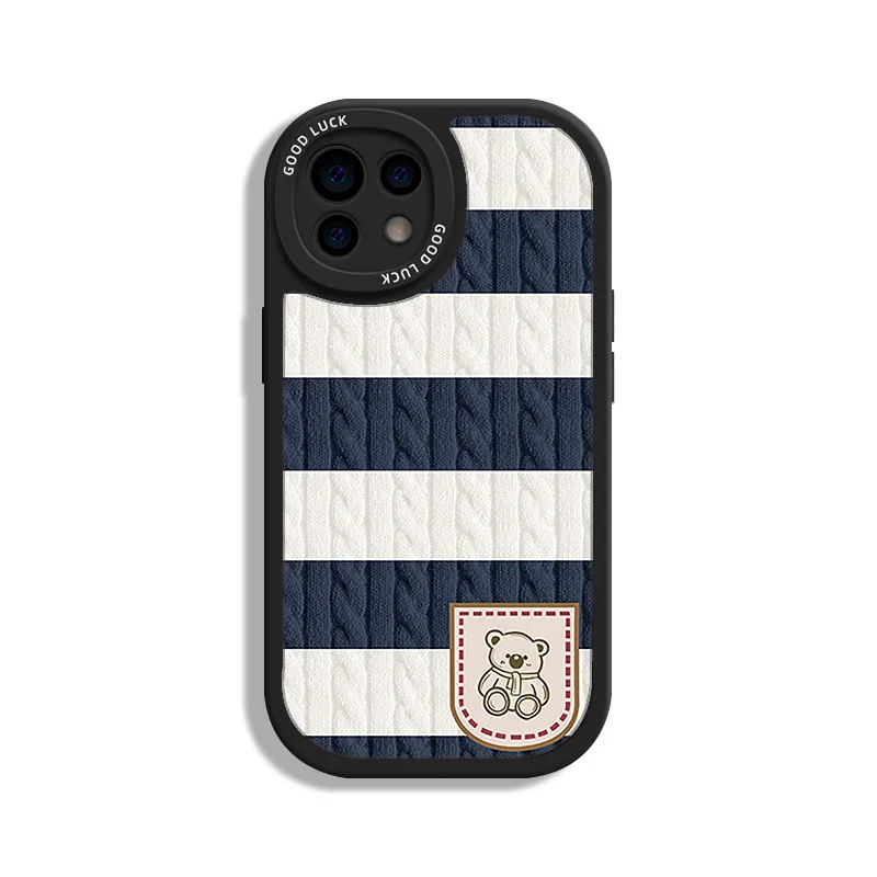 

Cute Bear Stripe Sweater Couple Phone Case For iPhone 14 12 13 11 8 7 Plus Pro MAX XR X XS Mini Silicone Shockproof Bumper Cover