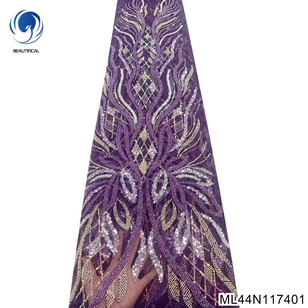

High-end Queen Vibe Silvery Purple African Sequins Fabric with French Heavy Beaded Lace Fabric for Wedding Dress ML44N1174