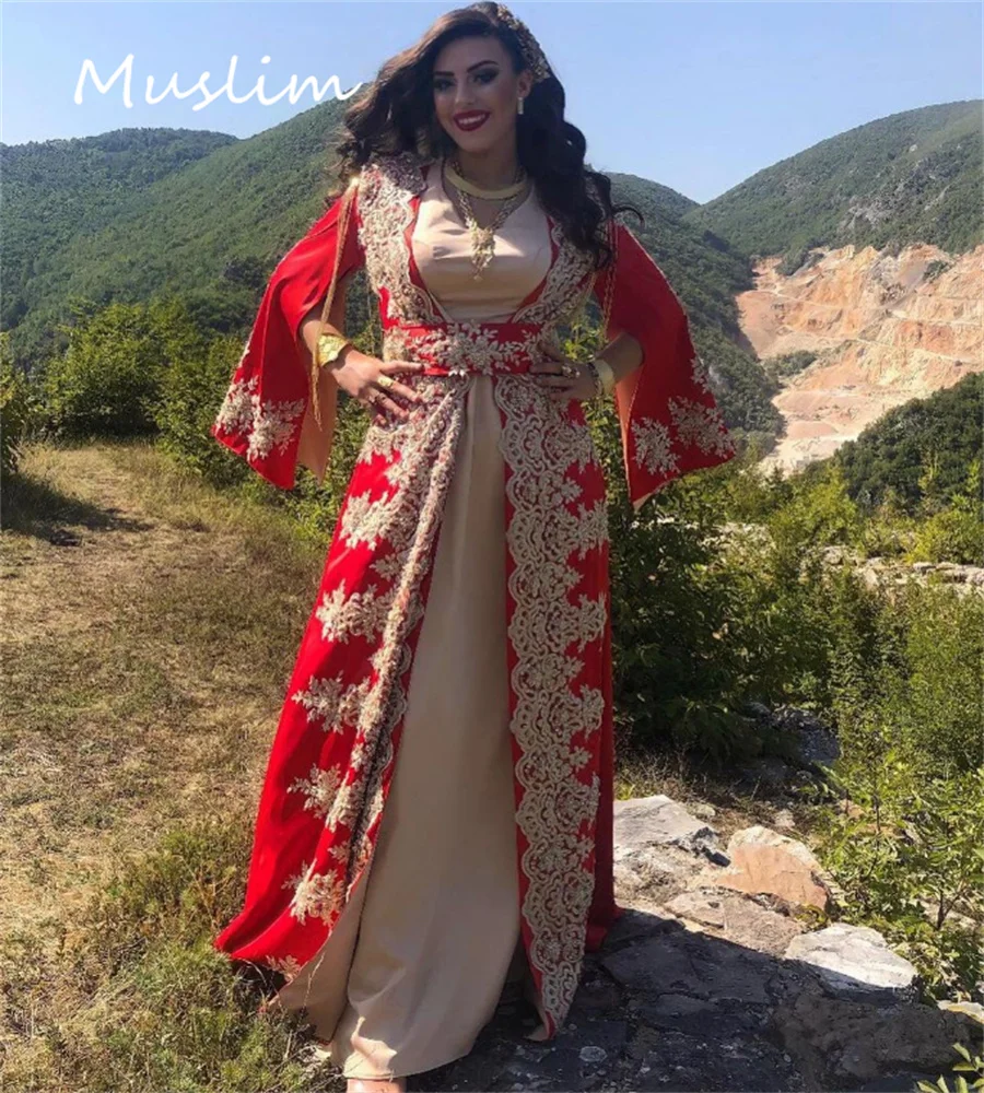 

Traditional Red Moroccan Caftan Evening Dress 2023 With Gold Lace Sexy V Neck Plus Size Islamic Turkish Prom Dress Formal Party
