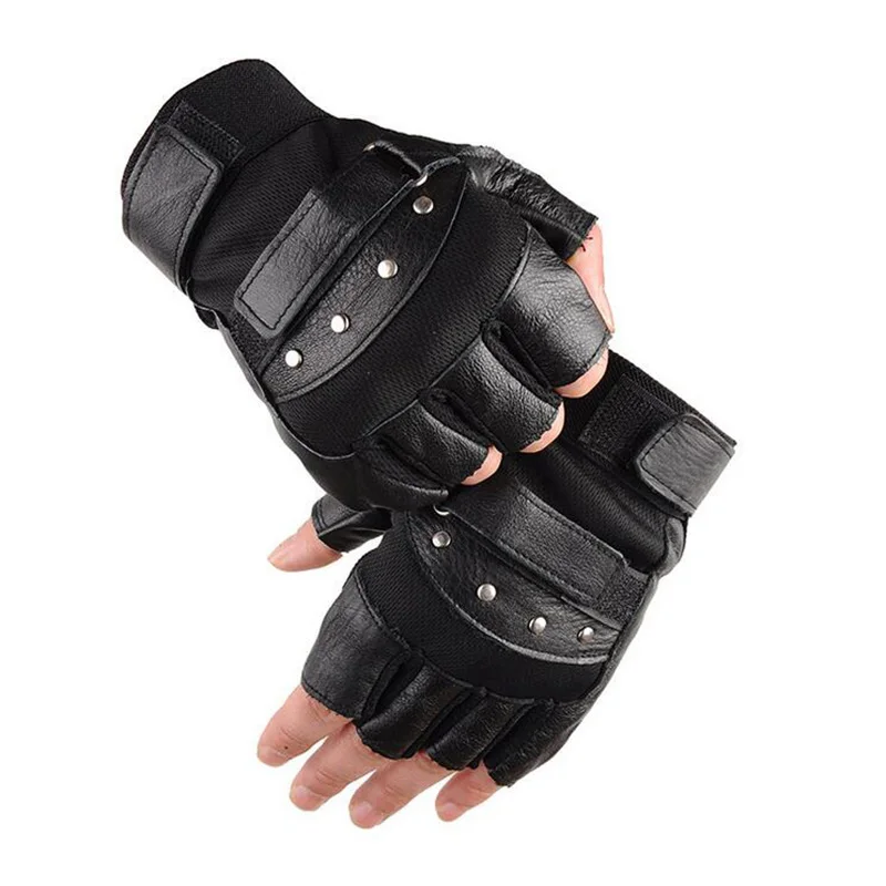 

Gym Exercise Men Black Rivets Punk Gloves Men's Army Military Tactical Half Finger Leather Fitness Gloves Bike Sport Gloves