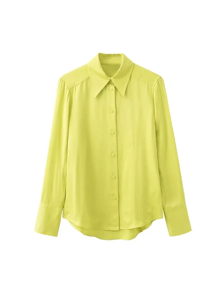 

PUWD Women Solid Shirts 2022 Spring Fashion Ladies Vintage Long Sleeve Breasted Lapel Loose Shirts Female Basic Satin Shirts