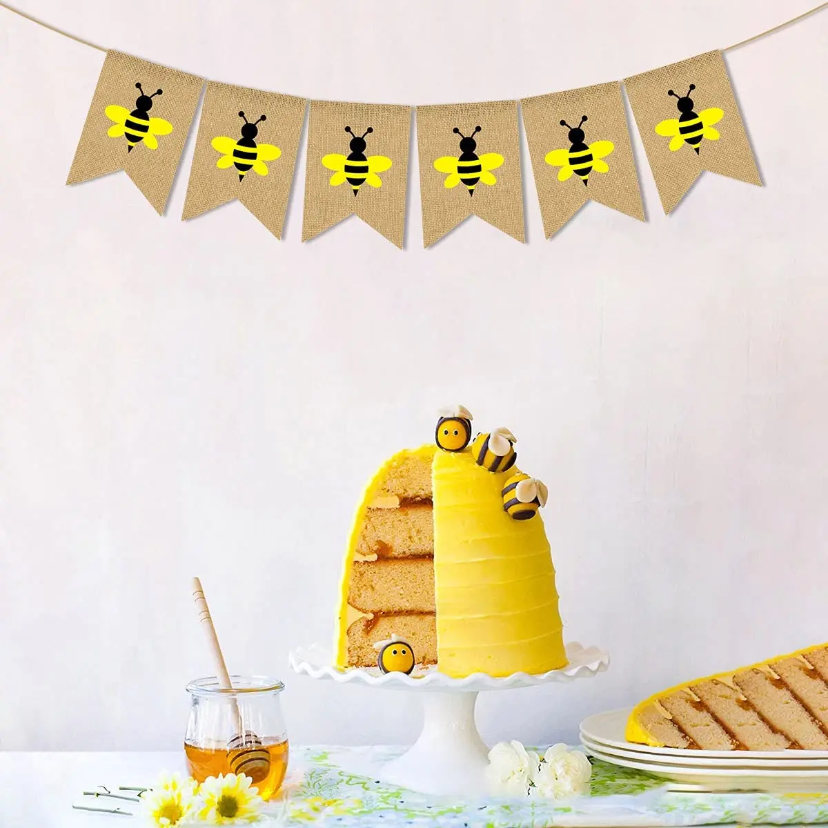 

Jute Burlap Bee Banner Bumble Bee Themed Birthday Party Baby Shower Nursery Kitchen Mantle Fireplace Decoration
