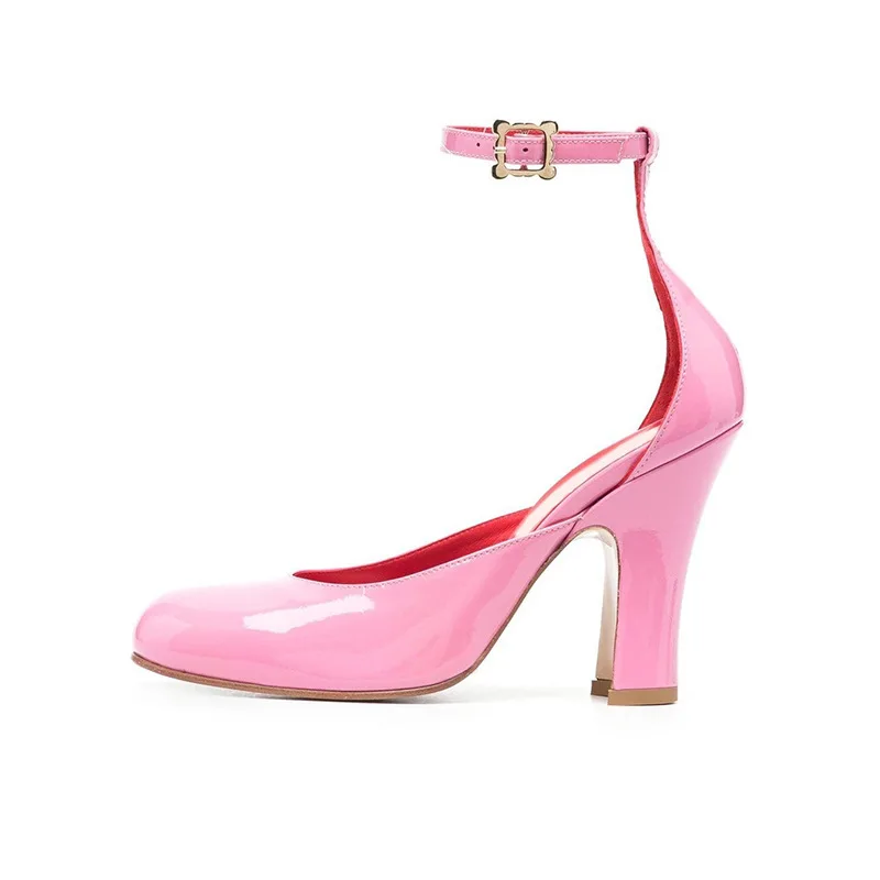 Pink Patent Leather Round Toe Gladiator Pumps Women Square High Cover Heels Buckle Strap Dress Party Runway Shoes New Arrivals