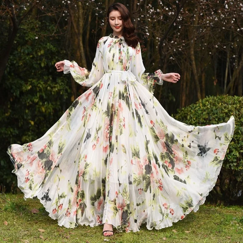

Spring Autumn Long Sleeve Dress Women Robe Longue Chiffon Floral Dresses Vestiti Donna Eleganti Vestidos De Mujer Casual E211