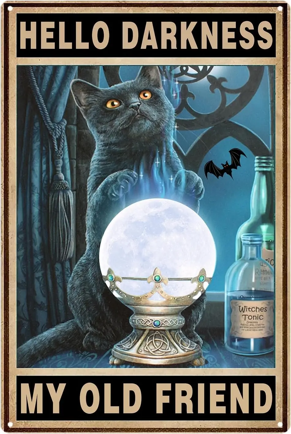 Hello Drkness My Old Frend Sgn Metl Sgns Hlloween Tn Moon Blck Ct Bt Wtchy Gothc Домашний декор Спальня Wll Decor Coffee Br