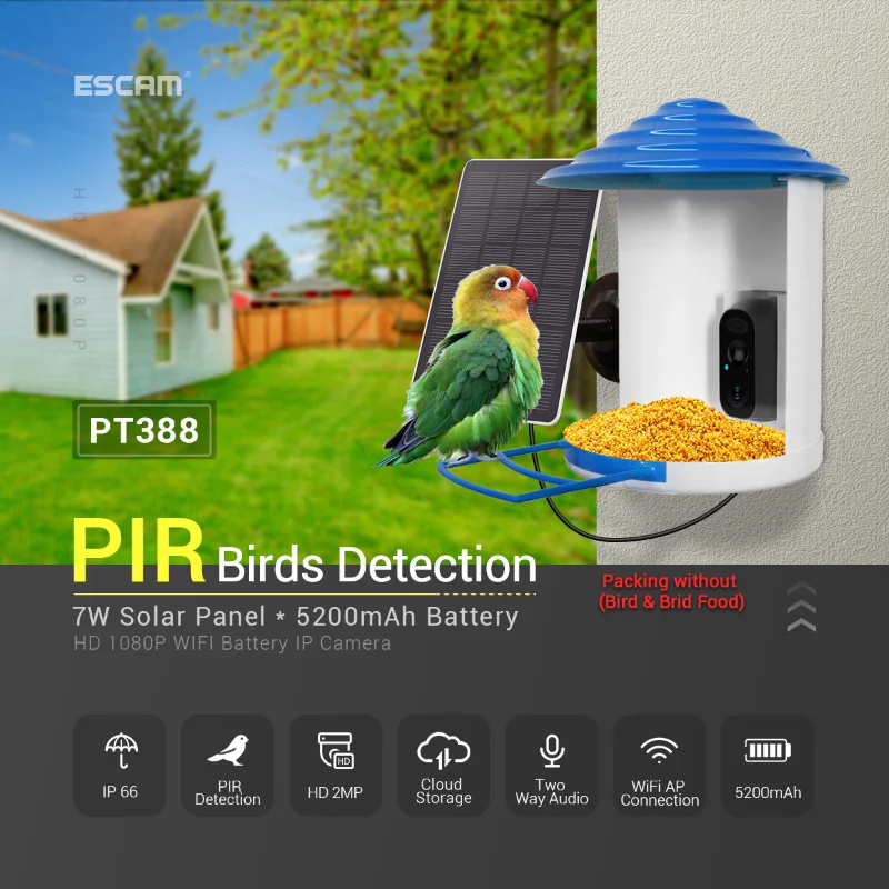 

Водонепроницаемая беспроводная кормушка для птиц ESCAM PT389 2MP PIR IP66 со встроенной батареей, автозахват, двухстороннее аудио, ночное видение, Wi-Fi камера